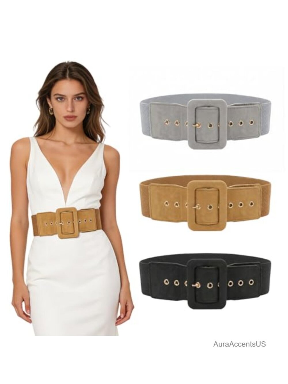Wide Elastic Cinch Belt for Women, Stretchy PU Leather Waist Belt, Vintage